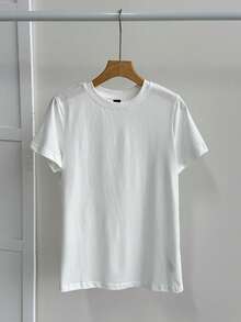 SHEIN BASICS 運動純色圓領短袖T恤夏季女款短版上衣女上衣白色上衣 - 白色 - 查看 4