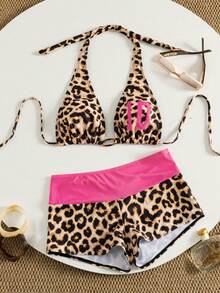 Sirith Women's Sexy Y2K Retro Leopard Print + Number Combination Print Halter Deep V-Neck + Resin Ring Contrast Color Patchwork Leopard Print Bikini Shorts 2-Piece Set, Suitable For Vacation And Party - Multicolor - View 4