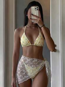 Swim Mod Spring/Summer Floral Print Halter Backless 3-Piece Swimwear Set, Including Triangle Bikini Bottoms And Lace Skirt Beach Yellow Boho - Multicolor - View 4