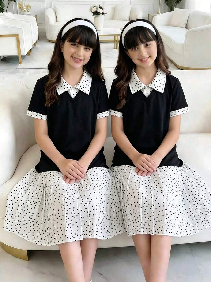 1件女童夏季黑白簡約波點拼接領短袖百褶洋裝,適合上學、通勤、外出、生日派對、購物、旅行 - 黑色 - 查看 1
