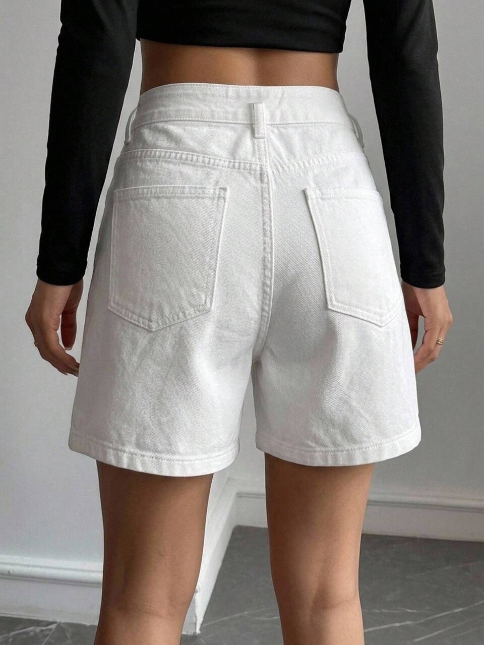 Women's High Waist White Solid Color Double Button Design Cotton Casual Loose Cuffed Contrast Stitch Denim Shorts For Summer And Autumn