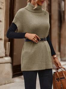 SHEIN Women's Solid Color High Neck Casual Versatile Daily Knit Vest - Khaki - View 3