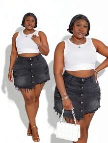 CurvyTilda Plus Size Women Distressed Pocket Frayed Hem Casual Versatile Daily Wear Denim Shorts Summer - Dark Grey - View 1