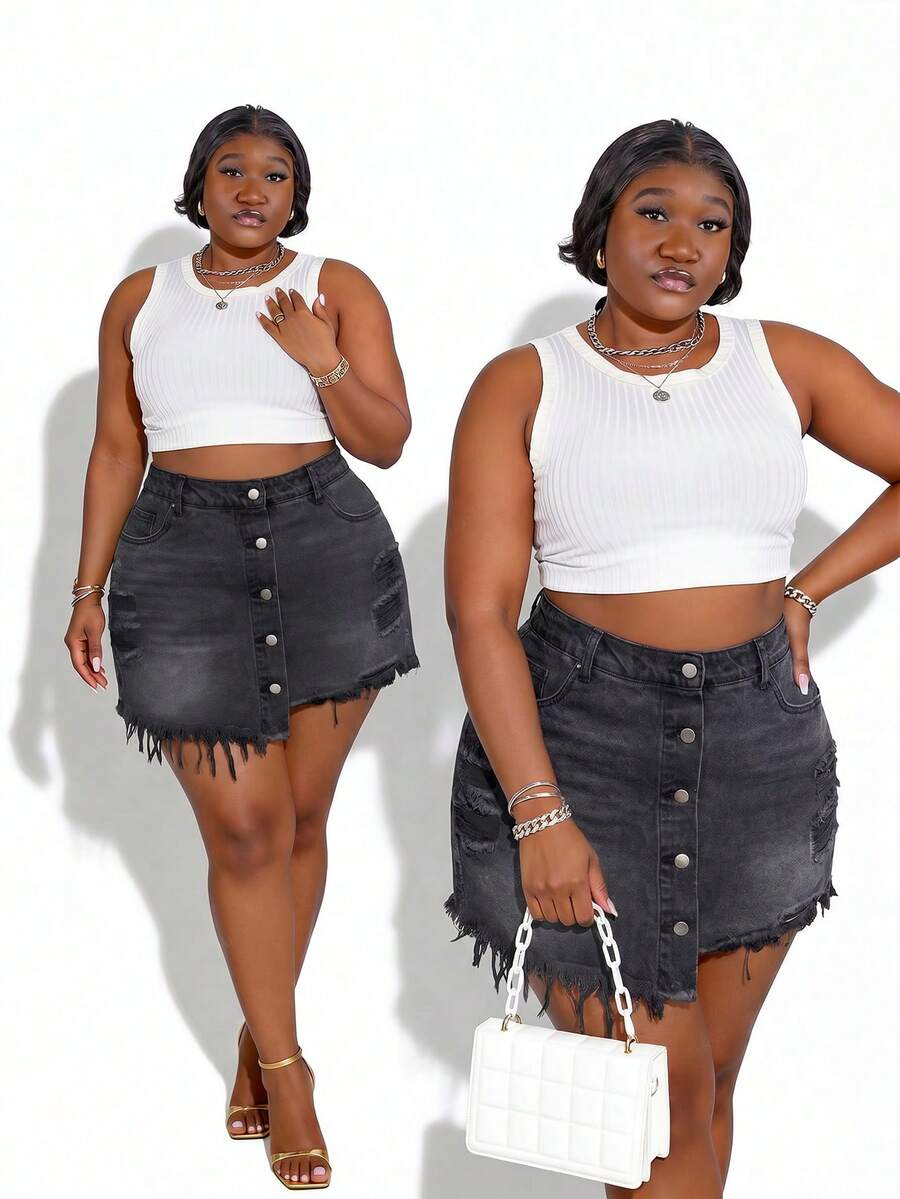 CurvyTilda Plus Size Women Distressed Pocket Frayed Hem Casual Versatile Daily Wear Denim Shorts Summer - Dark Grey - View 1