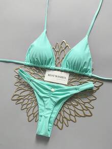 Swim Vcay Traje de baño de dos piezas con escote halter y copa triangular para vacaciones de playa en primavera/verano - Agua verde azul - Ver 1