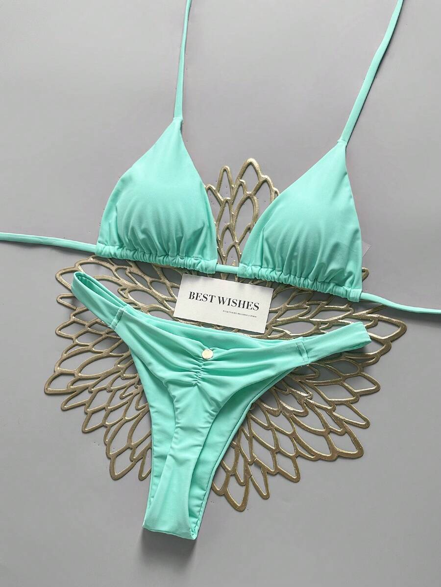 Swim Vcay Traje de baño de dos piezas con escote halter y copa triangular para vacaciones de playa en primavera/verano - Agua verde azul - Ver 1