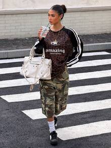 Muchica Women's Leopard Print Letter Graphic Patchwork Casual Street Wear Everyday T-Shirt Everyday Black And White Leopard Print Autumn - Multicolor - View 4