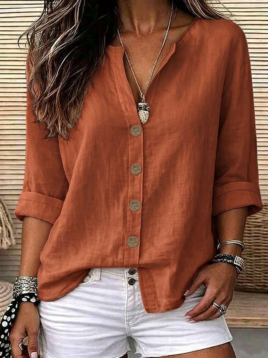 EMERY ROSE Camisas casuales de resort tejidas de talla grande para las estaciones de primavera y otoño - Naranja Coral - Ver 1