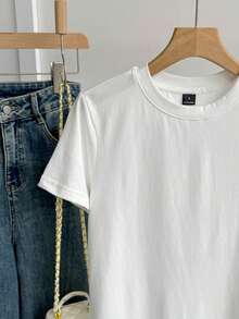 SHEIN BASICS 運動純色圓領短袖T恤夏季女款短版上衣女上衣白色上衣 - 白色 - 查看 5