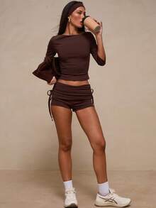 Glamine Women's Solid Chocolate Brown Ribbed Knit Two Piece Outfit, Minimal Y2K Off Shoulder Top With Double Side Drawstring Ruched Shorts Graduation Season. - Brown - View 6