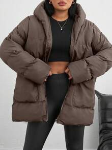 SHEIN Tall Zip Up Hooded Padded Coat With Two Pockets - Brown - View 1