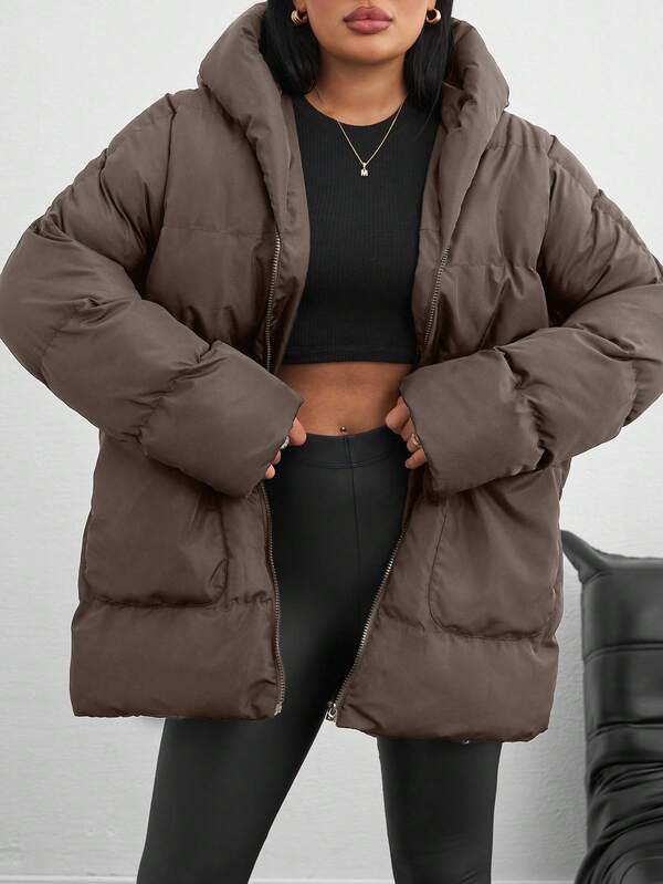 SHEIN Tall معطف مبطن بغطاء رأس وسحاب مع جيبين