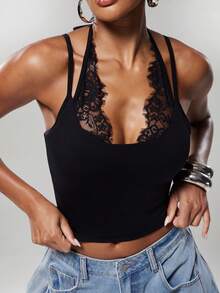 Denimoi Sexy Lace Trim Scoop Neck Top GNO Date Night Dinner Outfits Sexy Tops Layering Girls Night Out - Black - View 2