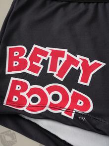 Betty Boop x SHEIN 大码圆领无袖撞色滚边时尚印花内衣套装 - 黑色 - 查看 5
