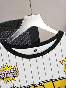 LOONEY TUNES X SHEIN Plus Size Summer Casual Striped Cartoon Pattern Short Sleeve T-Shirt - White - View 4