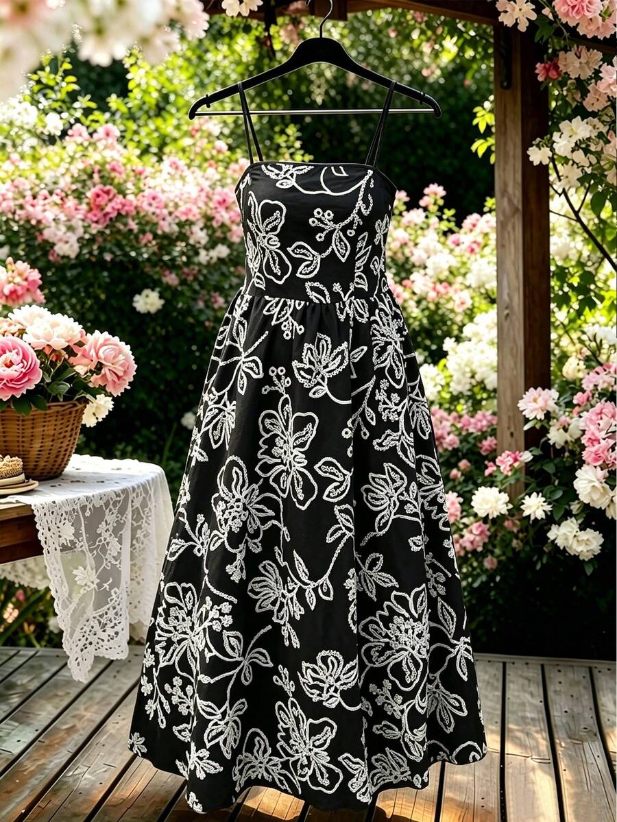 Rometta Große Größen elegantes Vintage Lässig Kleid mit Cut Out Stoff und Spaghettiträgern für den Sommer, geeignet für den täglichen Gebrauch, Dates, Treffen, Urlaub und andere Anlässe - Schwarz - Übersicht 1