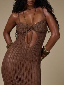 MUSERA Brown Crochet Open Knit Bodycon Beach Cover Up Maxi Dress - Chocolate Brown - View 6