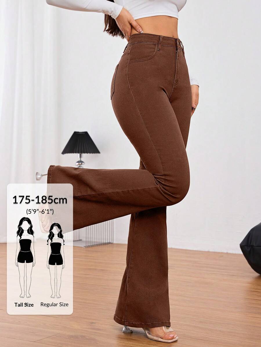 SHEIN Tall 女款口袋喇叭休閒百搭牛仔褲,適合高個女性 - 咖啡棕 - 查看 1