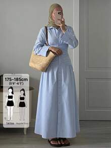 SHEIN Tall Women's Striped Flare Sleeve Single-Breasted Ruched Waist Casual A-Line Shirt Dress, Spring Style - Blue - View 4