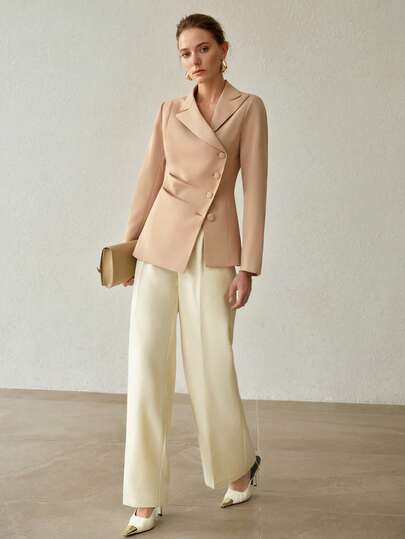 MOTF PREMIUM Blazer para mujer unicolor con cuello pico, cruzado, con solapa de un solo pecho y fruncido