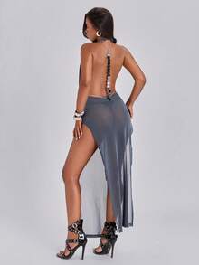 ACID BLVD Summer Casual Sexy Y2K Party Semi-Sheer Glitter Textured Deep V-Neck Tie-Up Backless Metal Chain Women's Dress - Dark Grey - View 2