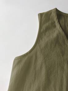 Zayélia Women's Solid Color V-Neck Button Design Casual Basic Tank Top Everyday Travel Olive Green Summer - Army Green - View 4