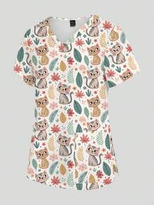 PopScrub Women's Cartoon Cat Pattern Short Sleeve Scrub Top - Multicolor - View 5