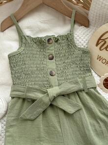 SHEIN Baby Girl Button Front Belted Cami Jumpsuit - Mint Green - View 3
