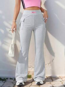 SHEIN EZwear 女士灰色休闲针织喇叭裤 女士休闲裤 女士正装裤 女士长裤 女士毛衣裤 女士阔腿裤 高腰 - 灰色 - 查看 4