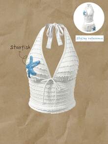 Elavelle Women's Spring/Summer Jacquard Fabric Spaghetti Strap Starfish Decor Bikini Top - White - View 5