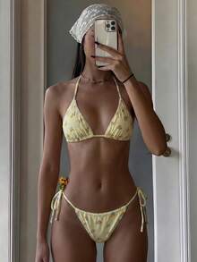 Swim Mod Spring/Summer Floral Print Halter Backless 3-Piece Swimwear Set, Including Triangle Bikini Bottoms And Lace Skirt Beach Yellow Boho - Multicolor - View 5