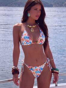 Swim Vcay 2026 Spring/Summer Women's Spaghetti Strap Halter Neck Black With White Polka Dot Random Print Sweet Cute Side Tie String Thong Bikini Swimwear Two Pieces Set - Multicolor - View 1
