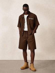 STYNVO Men's Plus Size Striped Short Sleeve Shirt And Shorts Casual Set - Brown - View 2