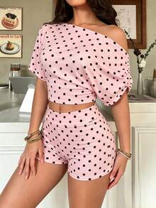 FavEase 春夏條紋不對稱領短袖上衣與低腰短褲女款兩件套 - 粉色 - 查看 3