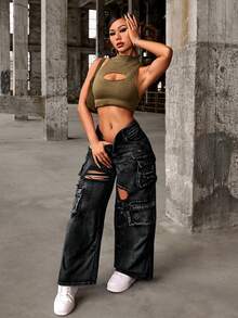 SHEIN PETITE بنطلون جينز كارغو واسع الساق بأسلوب جرنج كاجوال للنساء مع ثقوب ممزقة وجيوب للاستخدام اليومي باللون الأسود للصيف، للنساء الصغيرات - الأسود - مشاهدة 3