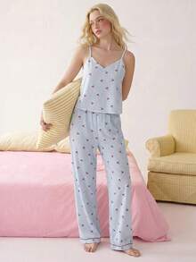 Eraneu Women's Bubble Crinkle Striped Cherry Print Camisole & Pants Pajama Set - Blue - View 1