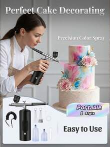 LCD Airbrush Kit, Includes Air Compressor, 3-Speed Wireless Airbrush Gun With Hose, 38PSI Portable Airbrush Suitable For Painting, Hairstyling, Model Making, Cake Decorating And More - Digital Display 3-speed Black Pump + Airbrush + 2 Pots + Brush + Tube - View 2