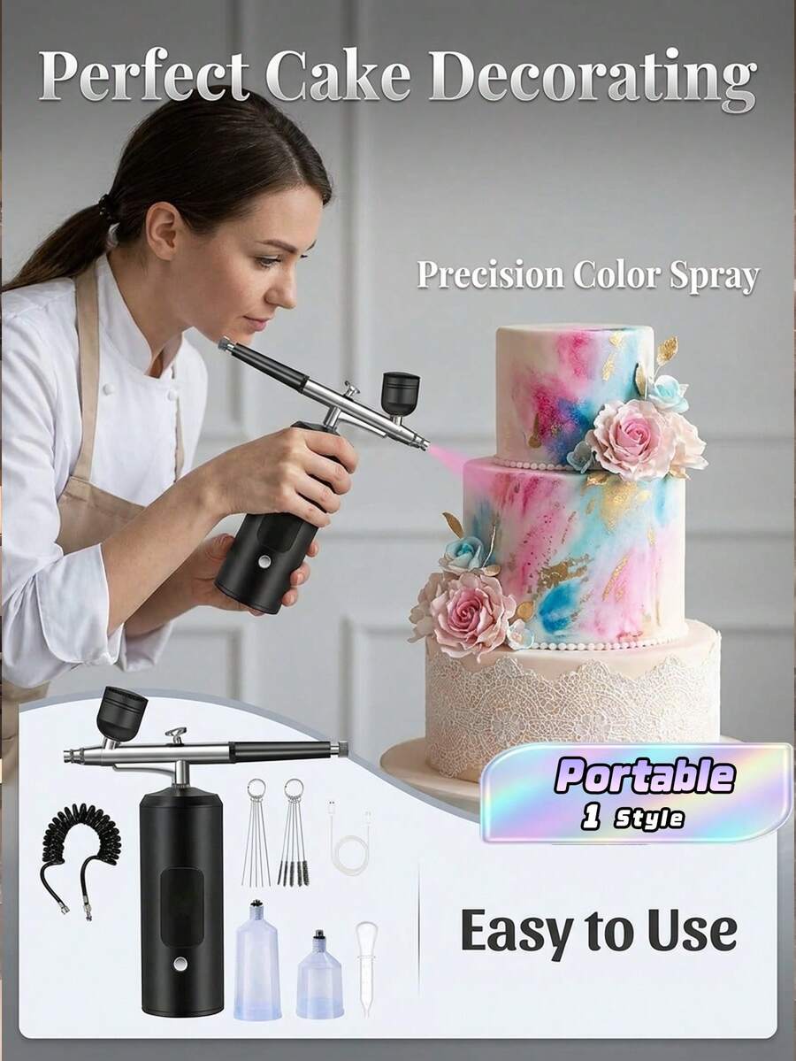 LCD Airbrush Kit, Includes Air Compressor, 3-Speed Wireless Airbrush Gun With Hose, 38PSI Portable Airbrush Suitable For Painting, Hairstyling, Model Making, Cake Decorating And More
