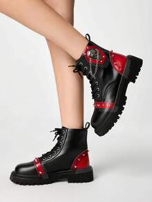 ROMWE Grunge Punk Women's Retro Platform Ankle Boots, Metal Rivet Punk Style, Skull Chain Design, 5cm Thick Sole, Zipper, Daily Wear, Black For Christmas Y2K - red and black - View 3