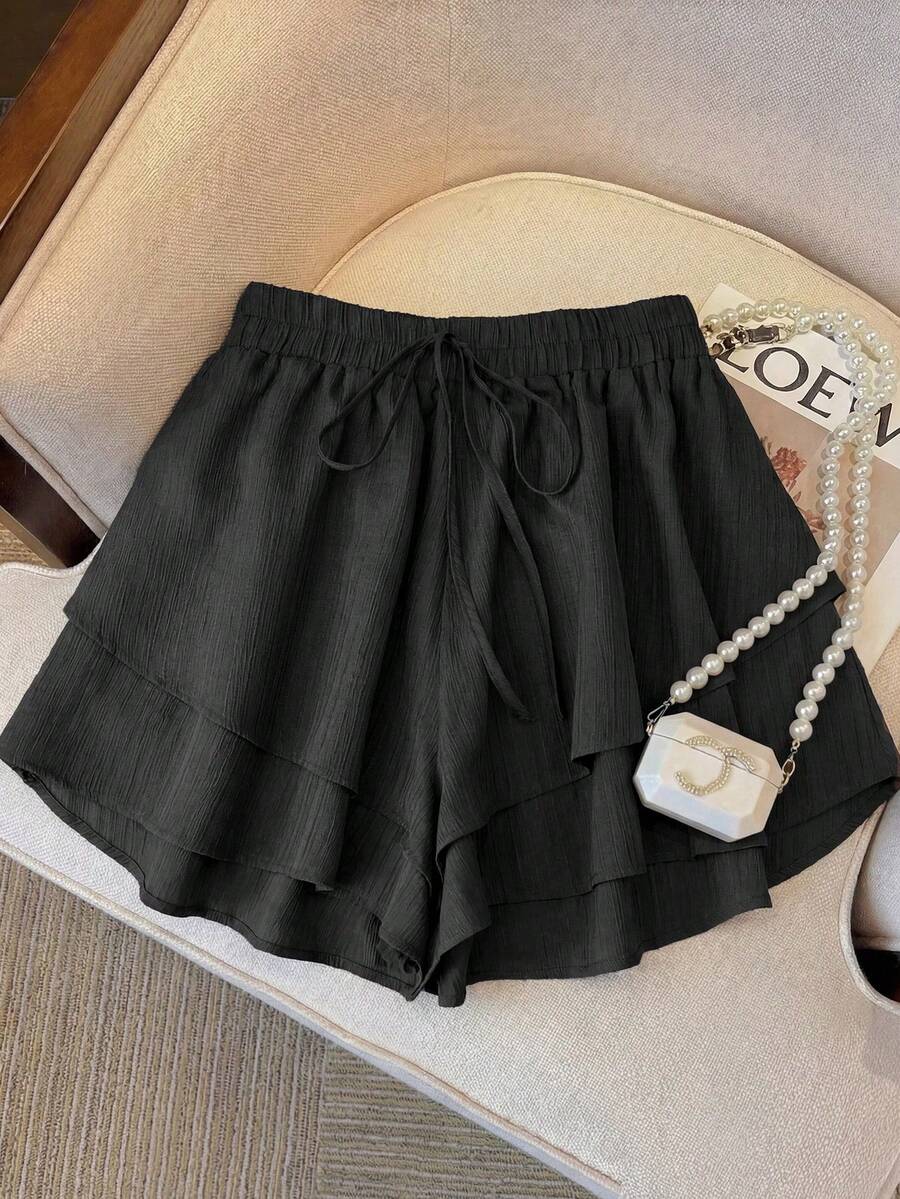 SHEIN PETITE 女款純色腰綁帶荷葉邊寬鬆裙褲 - 黑色 - 查看 1