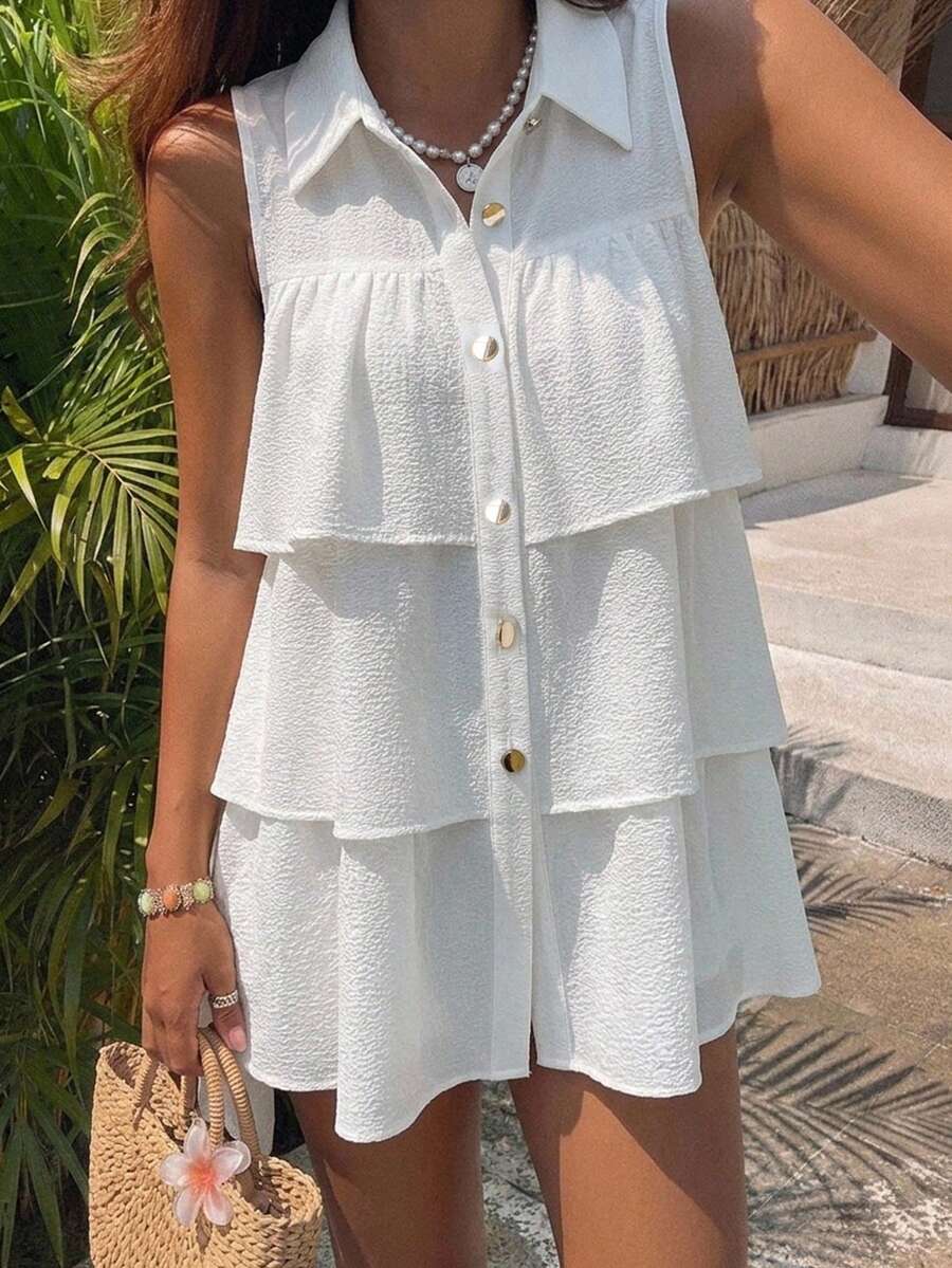 FRIFUL Women's Regular Fit Lapel Collar Metal Button Decor Loose Front Multi-Layer Ruffle Patchwork Solid Color Summer Blouse - White - View 1