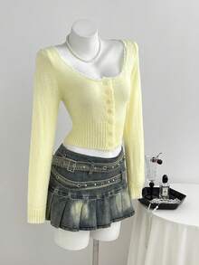 Elamini Pale Yellow Sweet Lace Mohair Lightweight Cardigan Brunch Date Autumn Cottagecore Romantic - Yellow - View 3