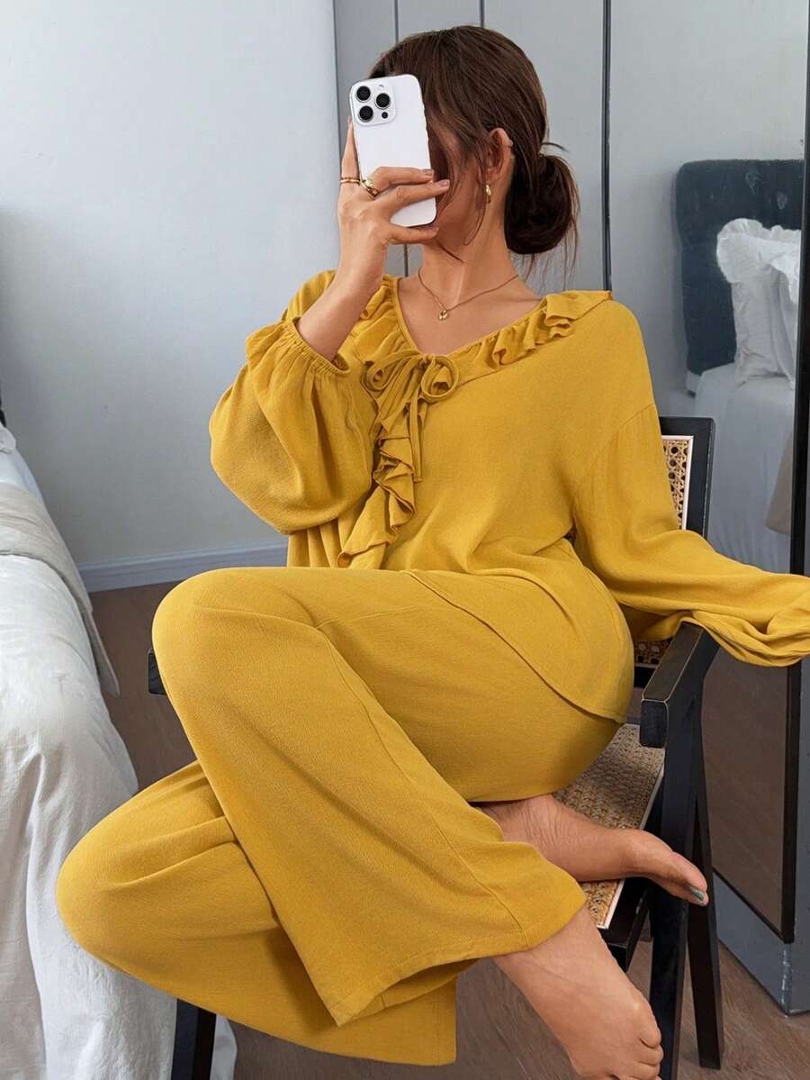 DAZY Women's Fashion Ruffle Long Sleeve Top And Casual Long Pants Pajama Set Fall - Yellow - View 1