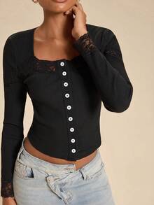 Travachic Women's Lace Patchwork Single-Breasted Slim Fit Versatile Daily Casual Elegant T-Shirt Everyday Date Black Autumn - Black - View 3