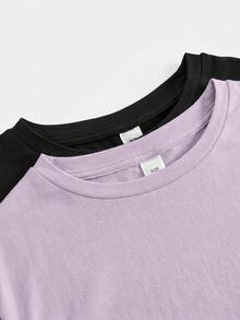 Girlism 青少年女孩 T-Shirt 套裝 2件/組 春夏新款 純色套裝 2件短袖 + 2件百慕達短褲套裝，4件裝，休閒時尚街頭風 寬鬆 T-Shirt + 緊身單車短褲套裝 - 彩色 - 查看 3