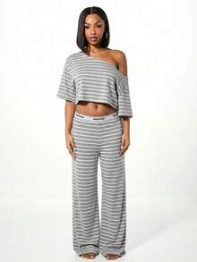 SUMWON WOMEN Striped Wide Leg Lounge Pants For Home Relaxation Comfort Sleep Pajama Bottoms With Elastic Waistband - Light Grey - View 3