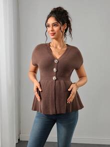 Momance Maternity Sweater Vest, Fitted V-Neck With Metal Button Design, Solid Color Knit, Casual Everyday Wear, Versatile Outerwear Winter - Brown - View 3