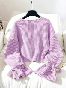 SHEIN Tween女孩秋冬針織羅紋袖口蝴蝶結鬆身套頭毛衣 - 紫色 - 查看 4