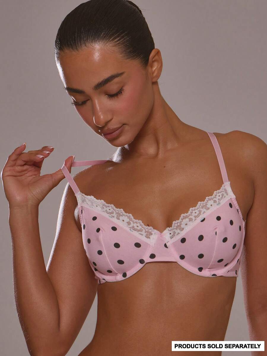 MUSERA Pink Polka Dot Lace Trim Edge Underwired Bust Bra - Pink - View 1