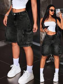 SHEIN Tall Y2K街頭風女款口袋3D工裝破舊水洗休閒牛仔短褲，深色水洗單車短褲，適合城市度假夏季穿搭，高個女款 - 黑色 - 查看 8
